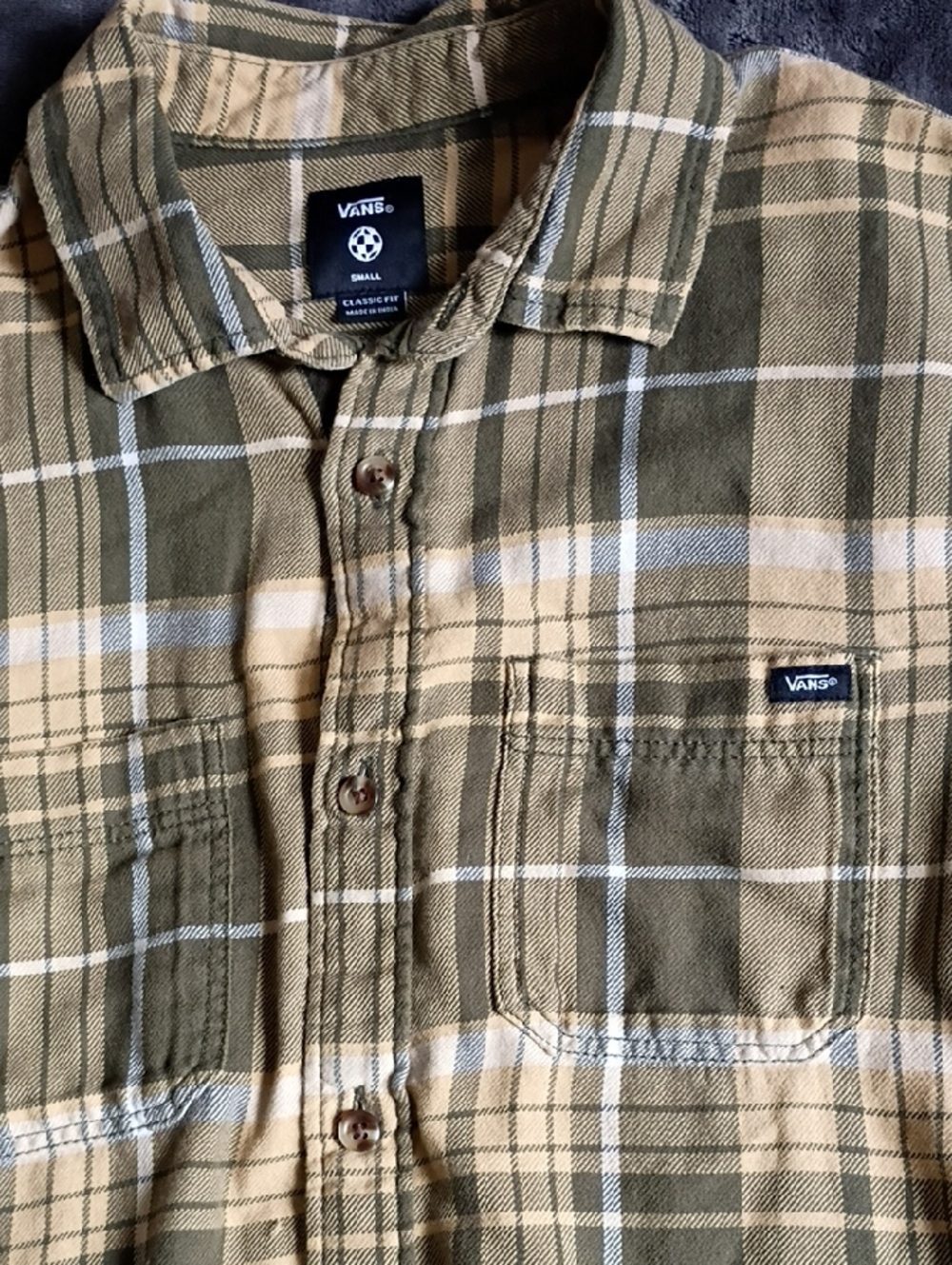 Vans Olive, Tan & White Plaid Button-Up Shirt